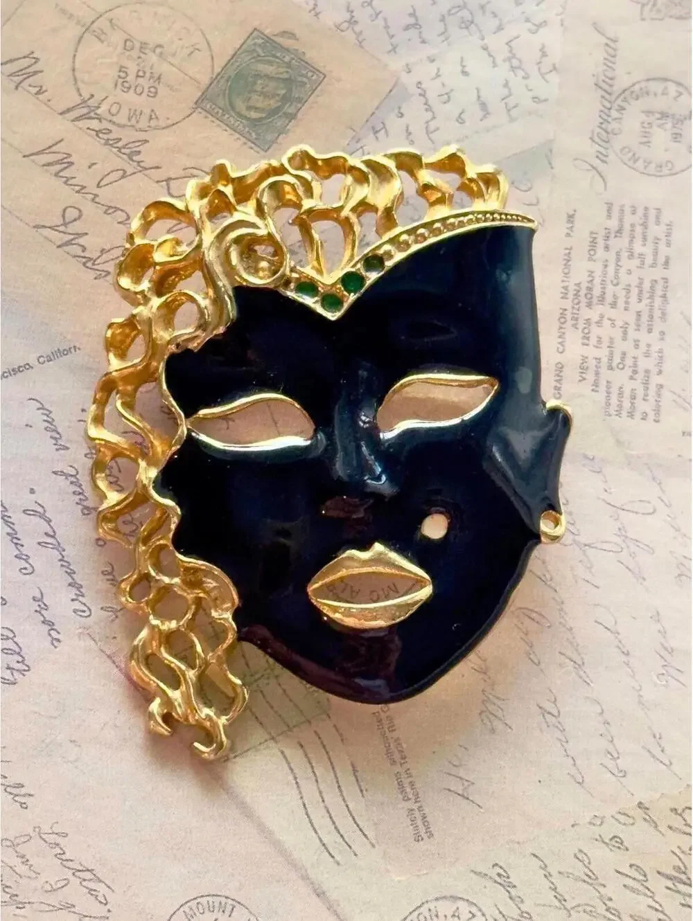 Vintage Black Enamel Mask Brooch Gold Tone Venetian Style Statement Pin